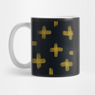 Abstract drawing of yellow crosses on blue Mug